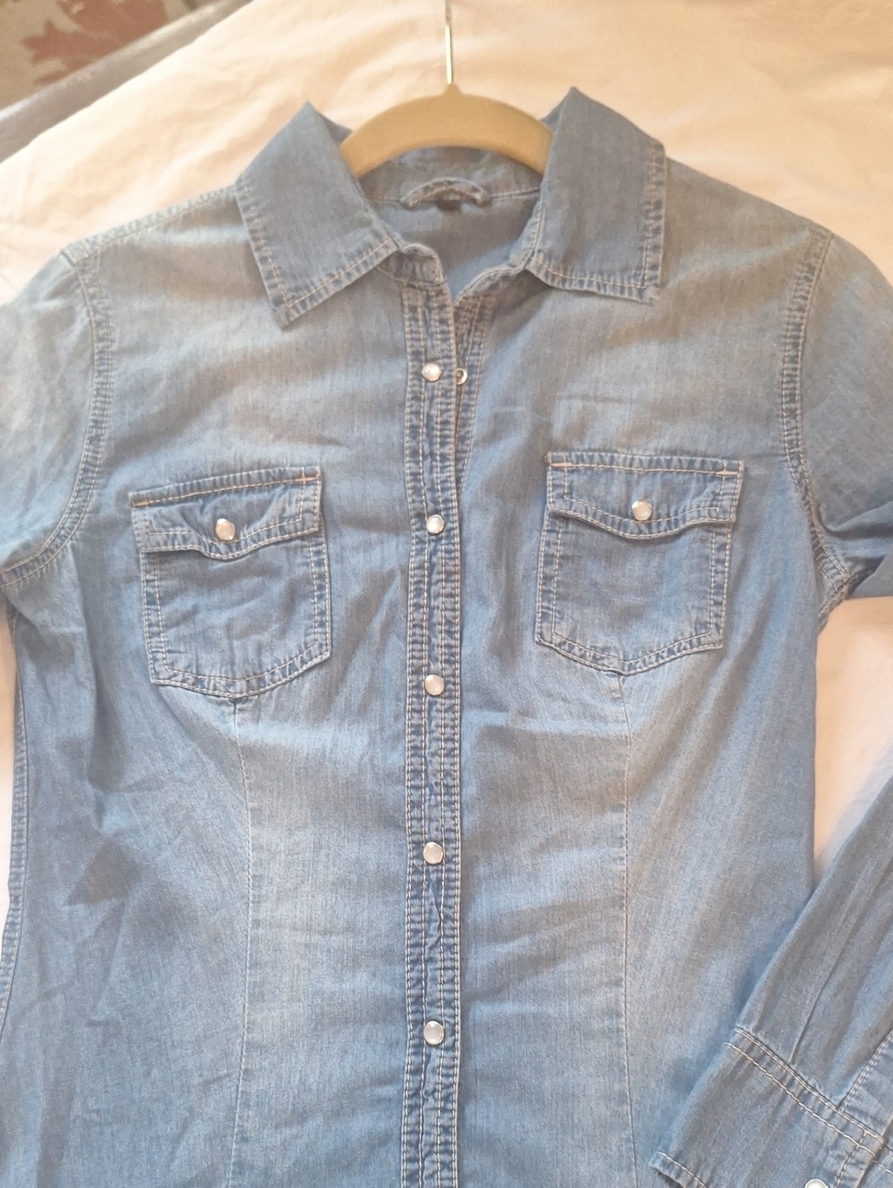 Women’s Light Blue Denim Shirt - pearl snap front embrodery leopard on back